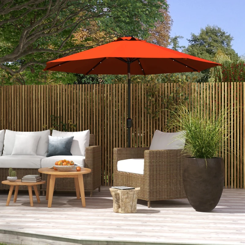 Outsunny 9ft Solar Patio Umbrella Outdoor Sunshade 24 LED Lights Tilt Canopy Orange