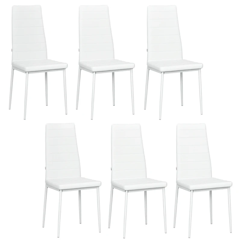 HOMCOM High Back Dining Chairs, Modern Upholstered PU Leather Accent Chairs with Metal Legs for Kitchen, Set of 6, White