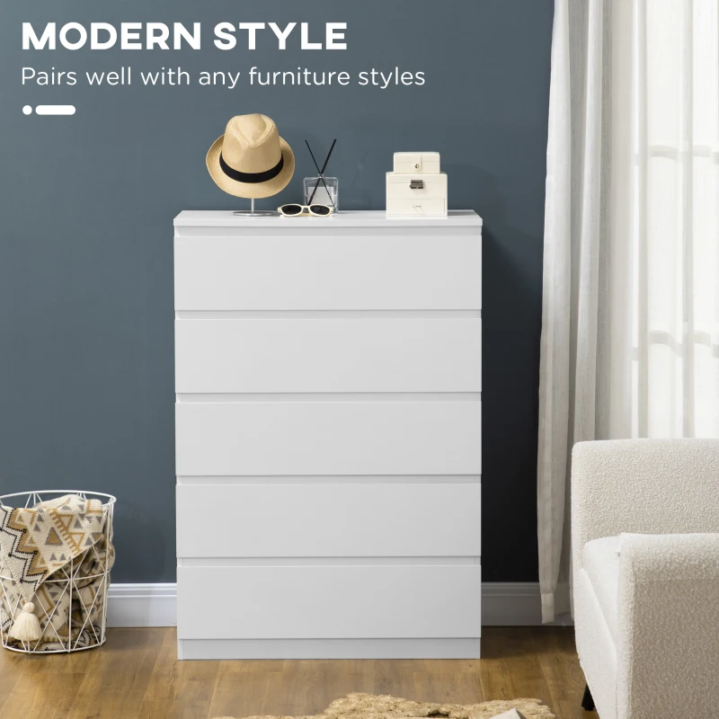 HOMCOM Dresser for Bedroom with 5 Drawers, Modern Chest of Drawers for Living Room, Closet, Hallway, White