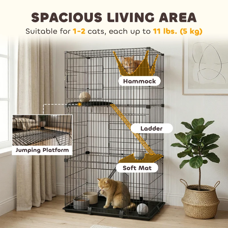 PawHut 3-Tier Cat Cage Indoor, Detachable Metal Wire Kennel withwith Hammock, Platform, Tray and Cushion for 1-2 Kittens