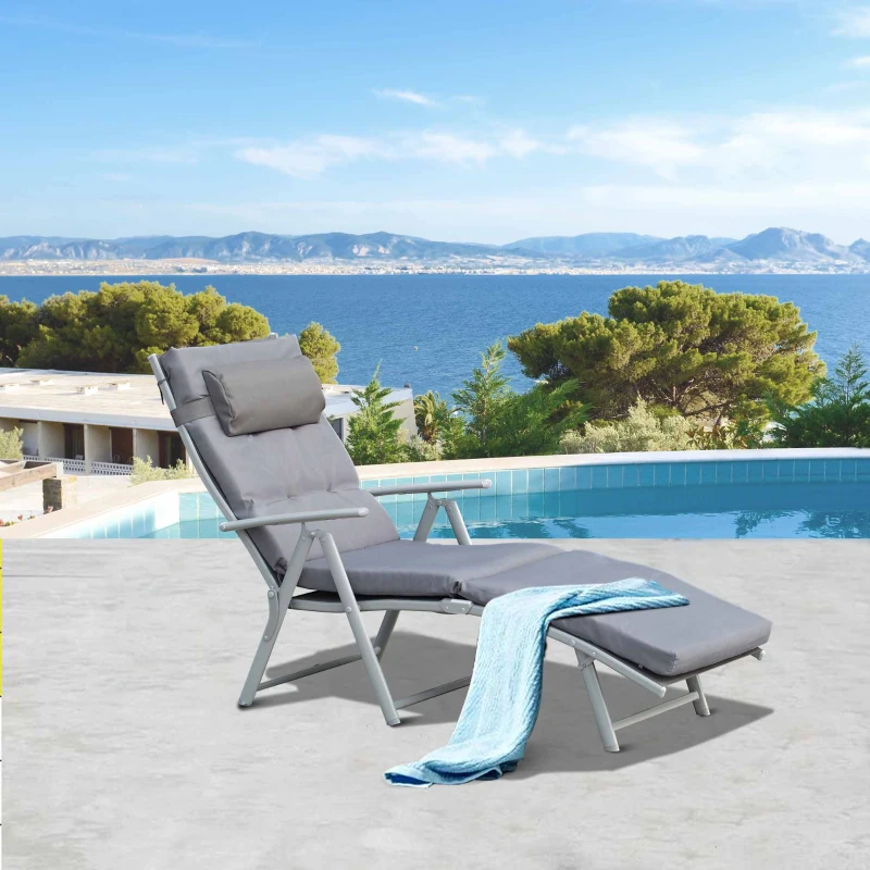 Outsunny Lounge Chair Outdoor, Folding Patio Chaise Lounger, 360 lbs 7-Position Adjustable Back Outdoor Recliner with Cushion, Headrest for Garden, Backyard, Poolside, Grey