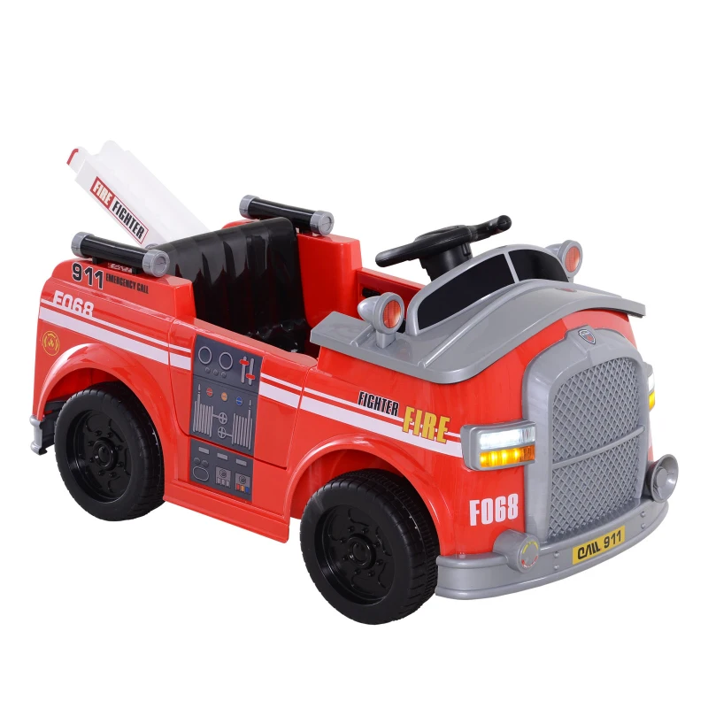Aosom Kids Ride-On Car Fire Truck, 6V 7AH Battery Powered Fire Car with Parental Remote Control, Safety Belt, Lighting, Working Steering Wheels, Horn and Lift Ladder (Red)