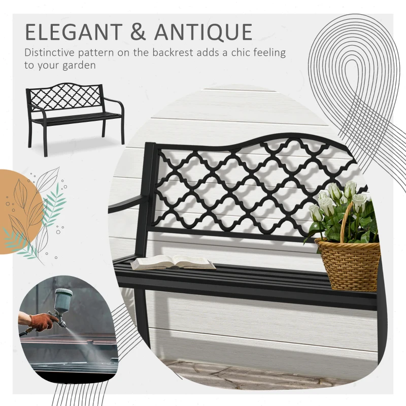 Outsunny 2-Seater Steel Garden Bench, Antique Outdoor Loveseat with Armrests and Chic Backrest for Yard, Lawn, Patio, Black