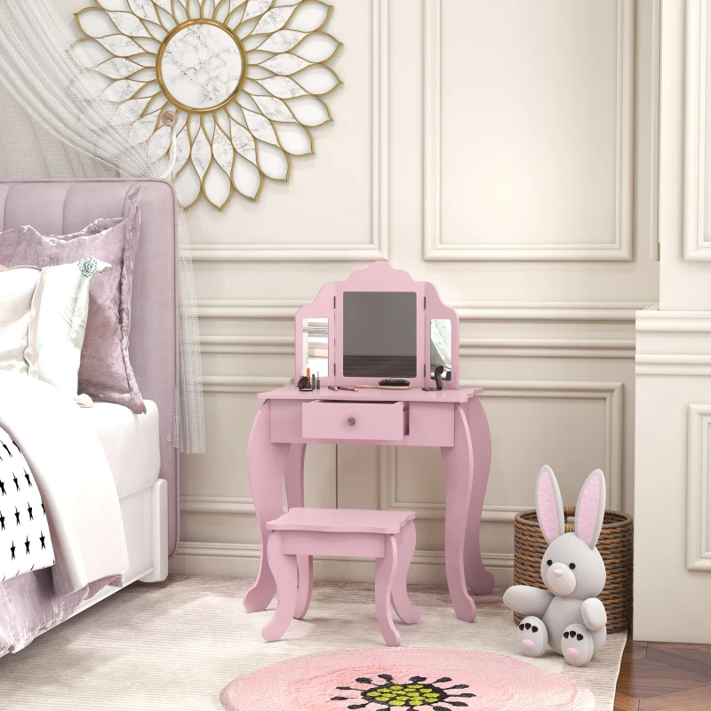 Qaba Kids Vanity Table and Stool, Makeup Vanity Girls Dressing Table Set with Tri-folding Mirrors Drawer Star and Heart Pattern, Pink