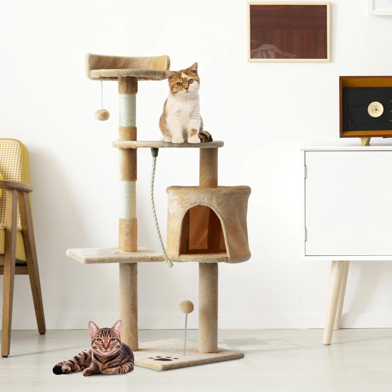 PawHut 45" Plush Sturdy Interactive Cat Condo Tower Scratching Post Activity Tree House - Beige/ White