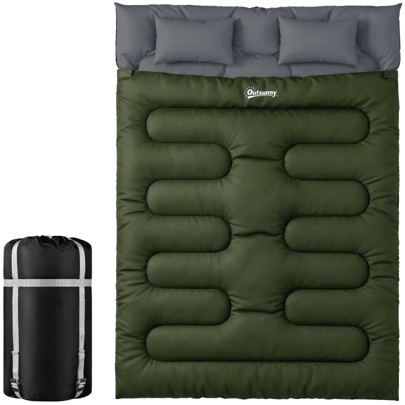 Outsunny Double Sleeping Bag for Adults, Queen Size 2 Person Sleeping Bag with 2 Pillows, for Cold Weather & Warm, Green