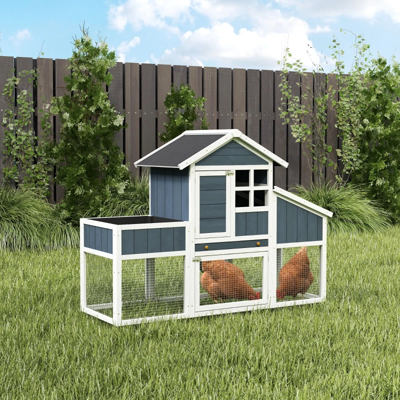 PawHut 63" Wooden Chicken Coop with Garden Bed, Small Outdoor Hen House with Nesting Box Removable Tray, Ramps Run, for Garden Backyard, Storm Gray