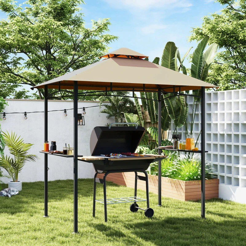 Outsunny 8' x 5' BBQ Grill Gazebo Tent with Double Tiered Canopy for Outdoor Sun Shade,  Khaki