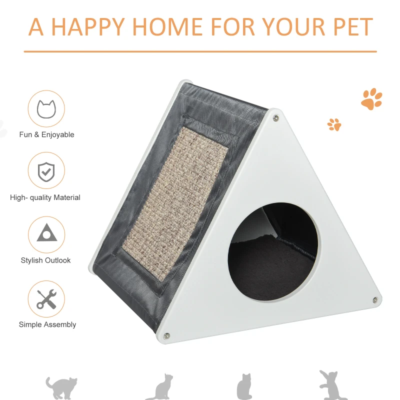 PawHut Wooden Cat House Triangle Shaped Bed Kitten Condo with Removable Cushion, Sisal Scratching Carpet, Grey and White