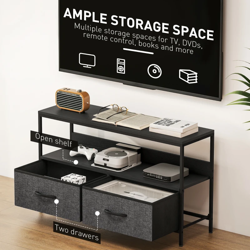 HOMCOM TV Stand with Charging Station, TV Table with 2 Foldable Linen Drawers and Open Shelf for 47 Inch Television, Black