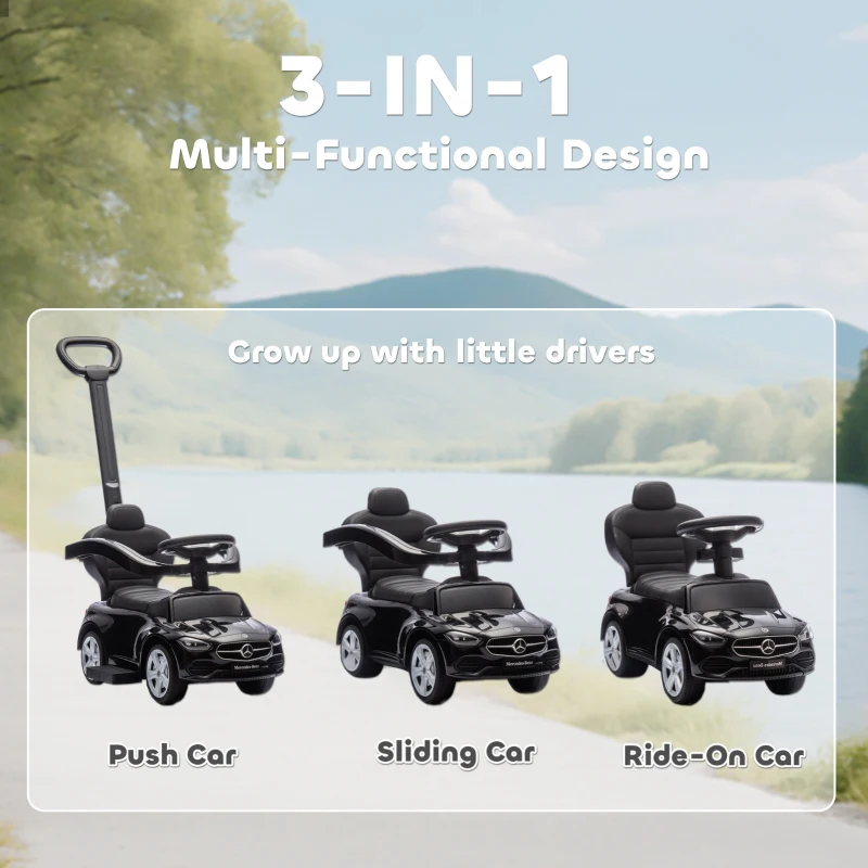 Qaba Licensed Mercedes-Benz Push Car for Toddlers, 3-in-1 Sliding Walking Car with Push Handle, Horn, Guardrail, Black