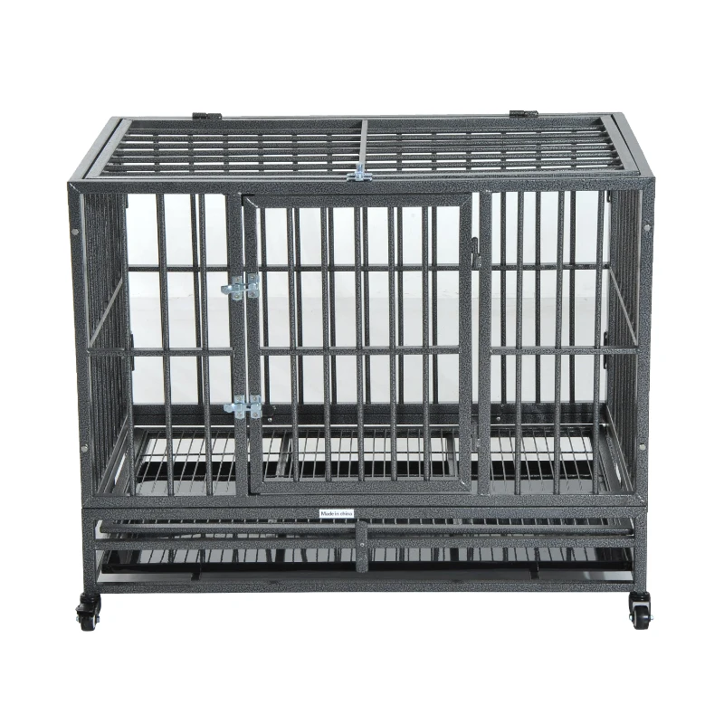 PawHut 36" Heavy Duty Dog Crate Metal Cage Kennel with Lockable Wheels, Double Door and Removable Tray, Gray