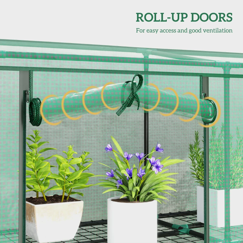Outsunny Lean-to Greenhouse with 3 Tier Shelves, Mini Greenhouse with 3 Roll-Up Doors for Indoor Outdoor, Green