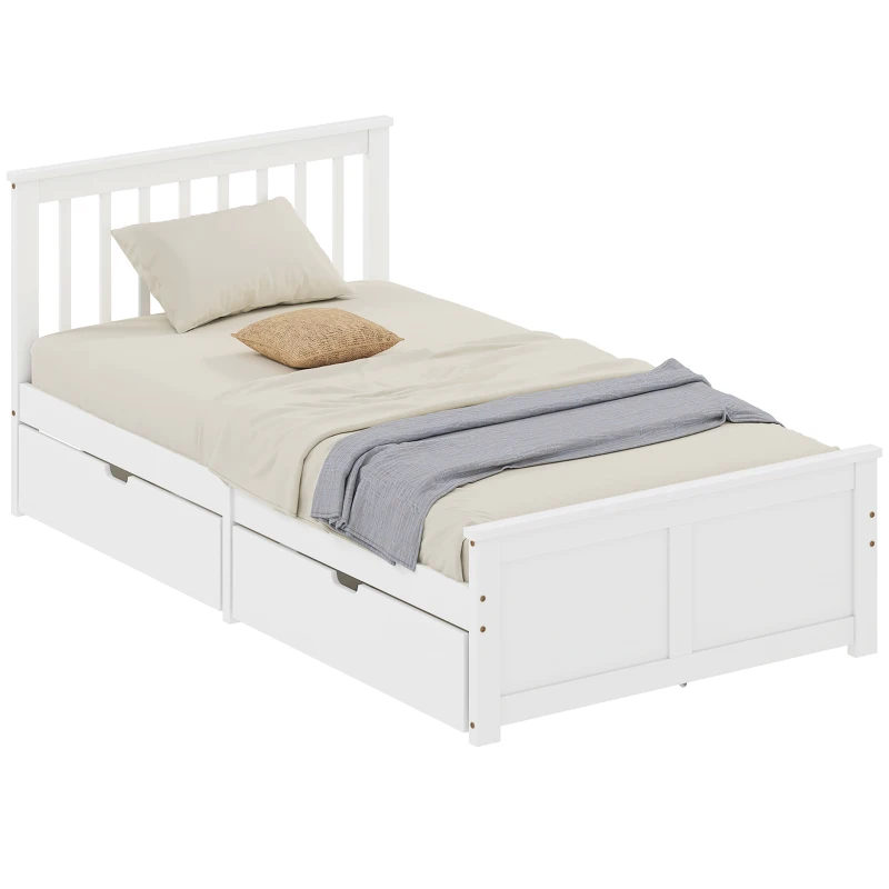 HOMCOM Pine Twin Bed Frame, Wood Storage Bed Frame with Drawers, Wood Slat Support, No Box Spring Needed, Easy Assembly, White