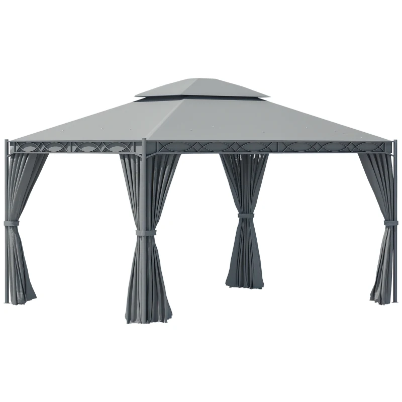 Outsunny 10'x13' Soft-top Patio Gazebo Double-Tiered covered Steel Gazebo with Curtain, Grey