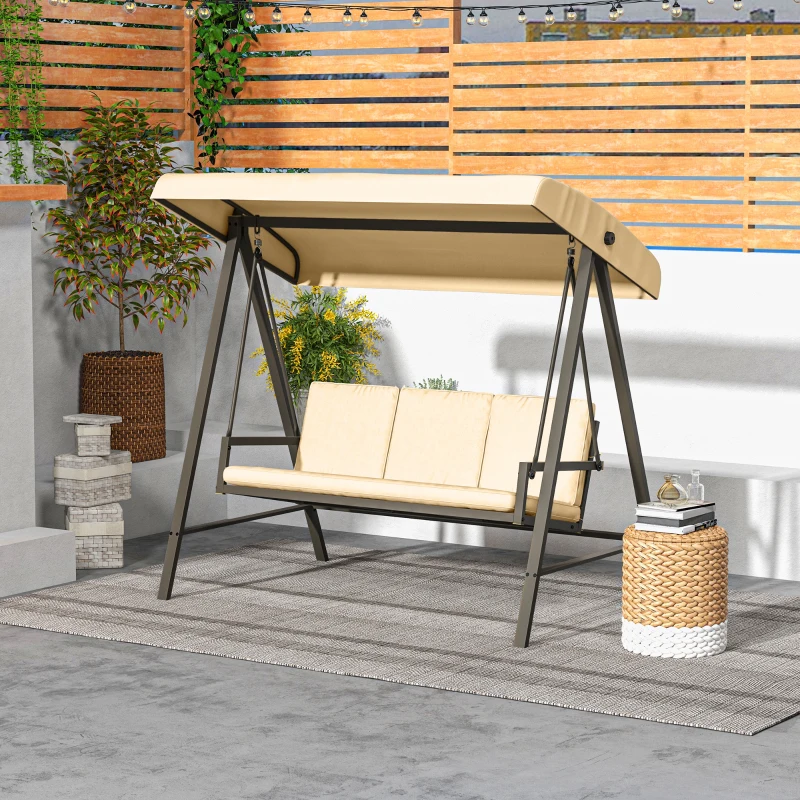 Outsunny 3 Seater Patio Swing Chair, Porch Swing with Adjustable Canopy and Removable Cushions, Outdoor Swing Seat, Beige