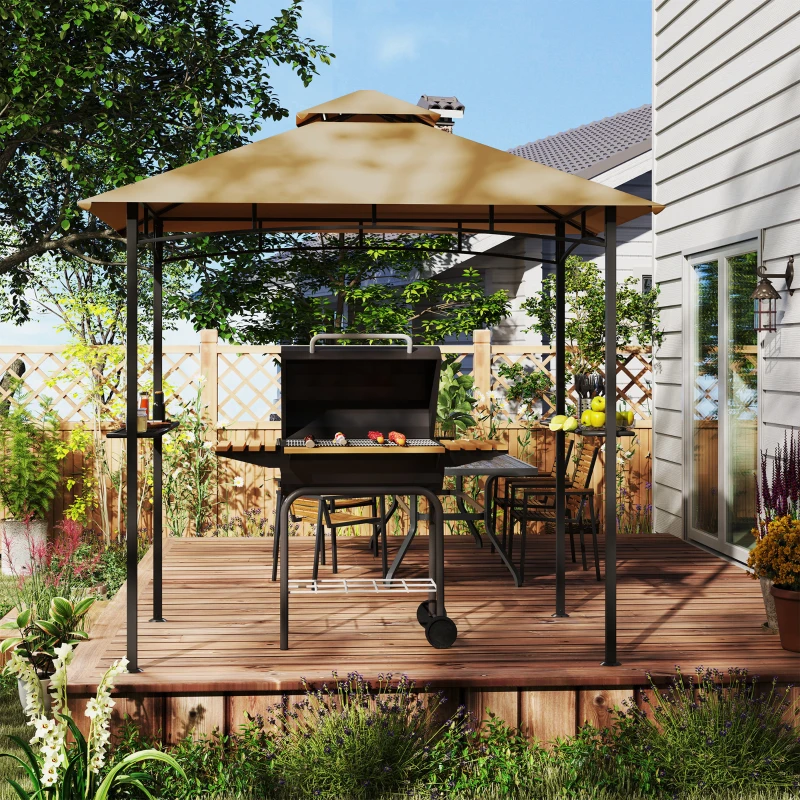 Outsunny 8' x 5' BBQ Grill Gazebo Tent with Double Tiered Canopy for Outdoor Sun Shade,  Khaki