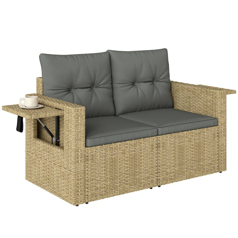 Outsunny Wicker Outdoor Sofa with Side Trays, Rattan Patio Loveseat with Cushions for Garden Balcony, Light Grey