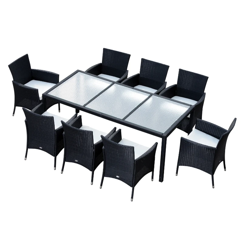 Outsunny 9pcs Garden Rattan Dining Set Patio Wicker Furniture 8 Armchair 1 Table Cushioned Seat Outdoor All Weather Sectional Black