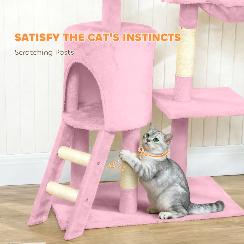 PawHut 53" Cat Tree Tower, Kitten Activity Centre with Scratching Posts, Condo, Perches, Ladder, Hammock, Dangling Toys, Pink