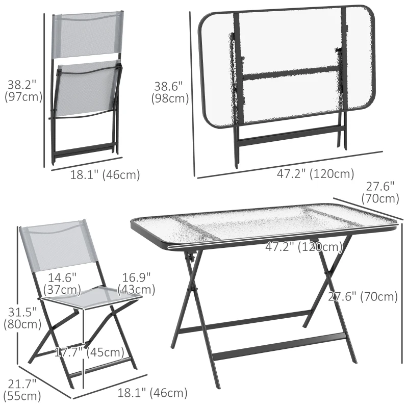 Outsunny 5 Pieces Foldable Patio Dining Table and Chairs, Outdoor Dining Set for 4 with Large Rectangle Glass Top Table and 4 Armless Chairs for Conservatory, Garden, Deck, Grey