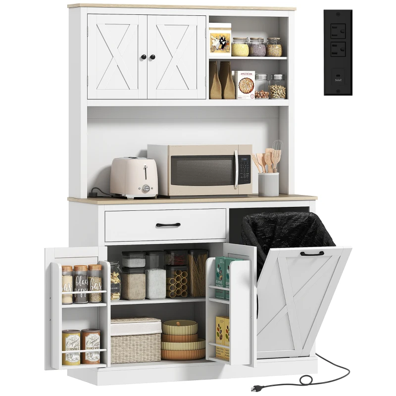 HOMCOM 69" Pantry Cabinet with Charging Station, Kitchen Cabinet with Microwave Stand, Tilt-Out Trash Can Cabinet, White