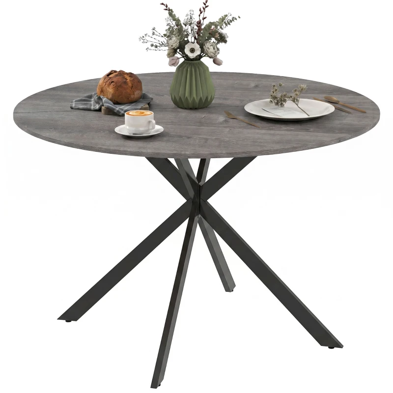 HOMCOM 47" Round Kitchen Table for 4, Industrial Dining Table with Steel Legs for Dining Room, Grey Wood Grain and Black