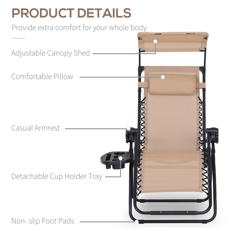 Outsunny Outdoor Zero Gravity Reclining Lounger Chair with Canopy Shade, Side Tray, Cupholder, Beige