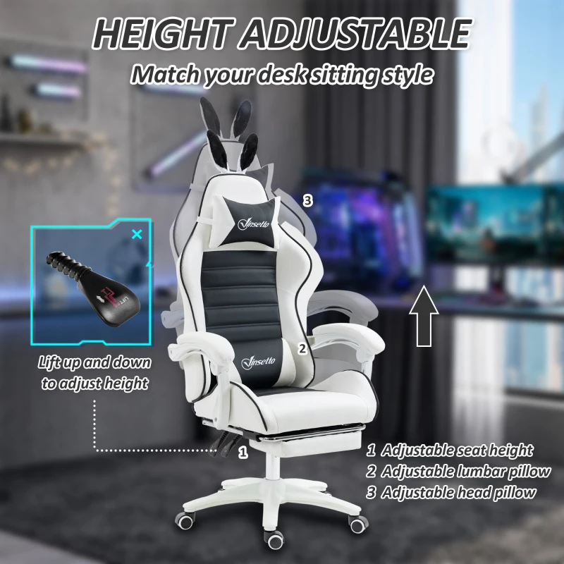 HOMCOM Cute Racing Gamer Chair, PU Leather Gaming Chair with Footrest, Headrest and Lumbar Support, Black