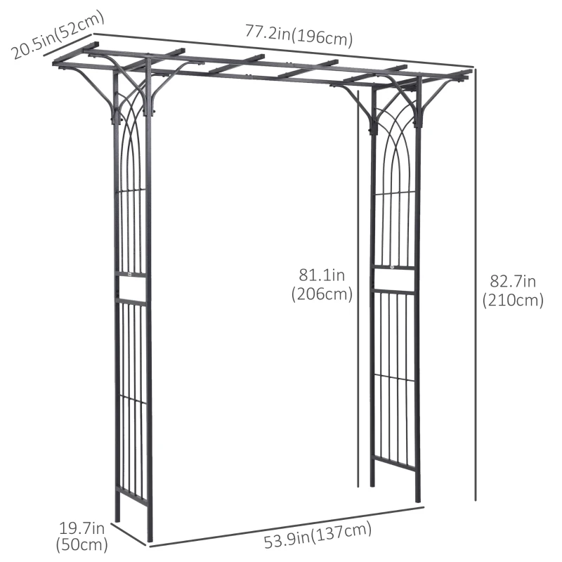 Outsunny Metal Garden Arch Outdoor Walkway Arbor, 74.75" x 19.75" x 82.75", Dark Grey