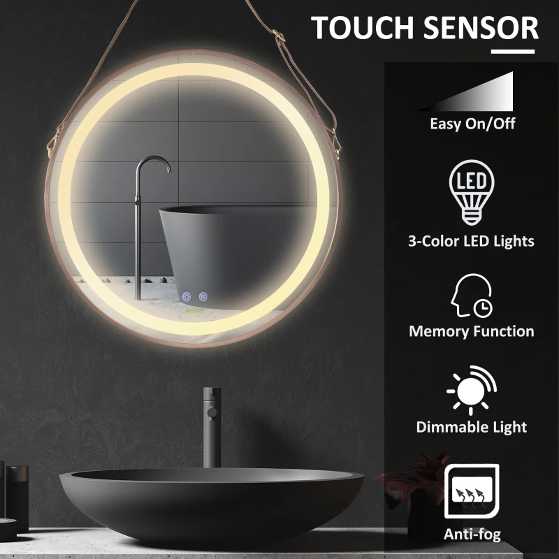 kleankin 24'' Round Led Bathroom Mirror, Dimmable Anti Fog Wall-Mounted Mirror with 3 Temperature Colors, Plug-in, Rose Gold