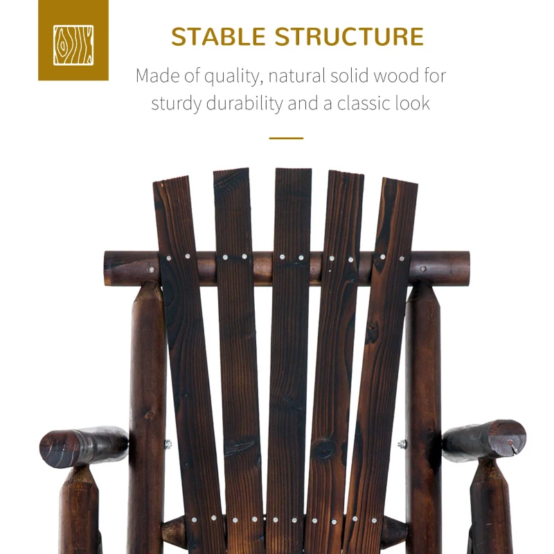 Outsunny Outdoor Rocking Chair, Wooden Adirondack Outdoor Rocker with High Back, Slatted Seat, Oversized Rustic Patio Rocking Chair for Garden, Porch, Yard, Balcon, Dark Carbonized