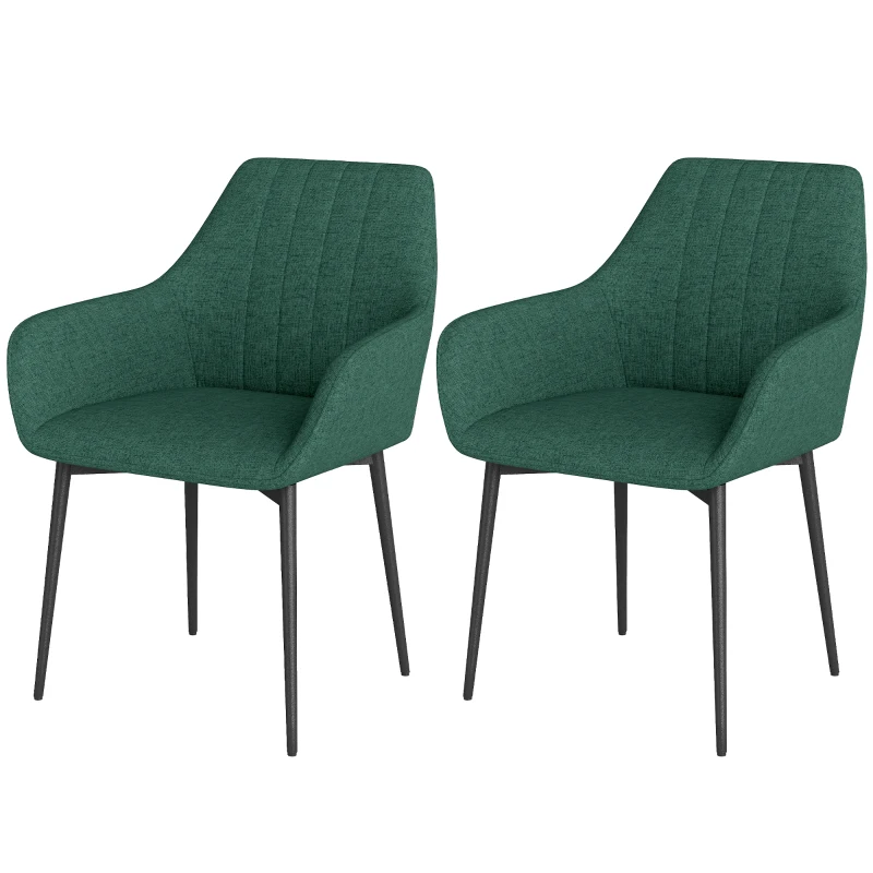 HOMCOM Dining Chairs Set of 2, Upholstered Linen Fabric Accent Chairs with Metal Legs, Dark Green