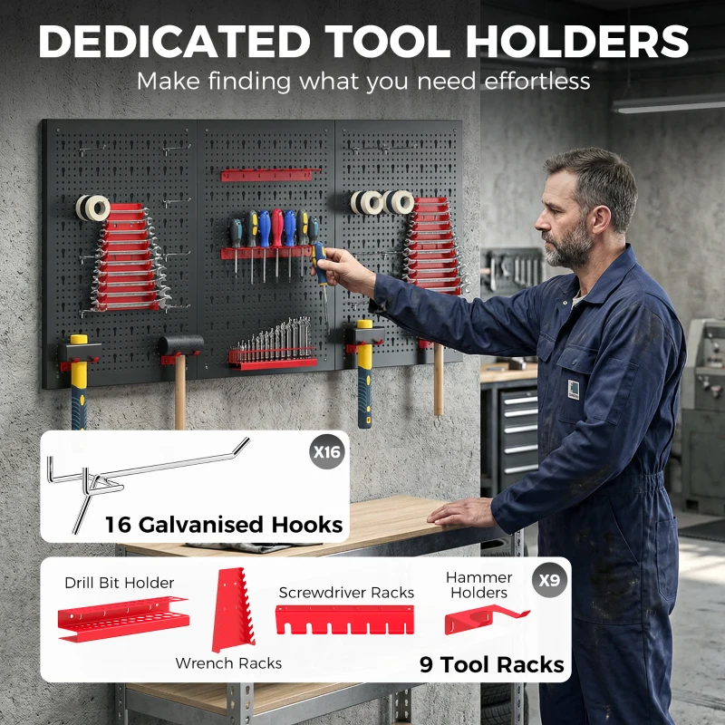 HOMCOM 28 Piece Metal Peg Board with Accessories, Shelf Tool Organizer, Black and Red
