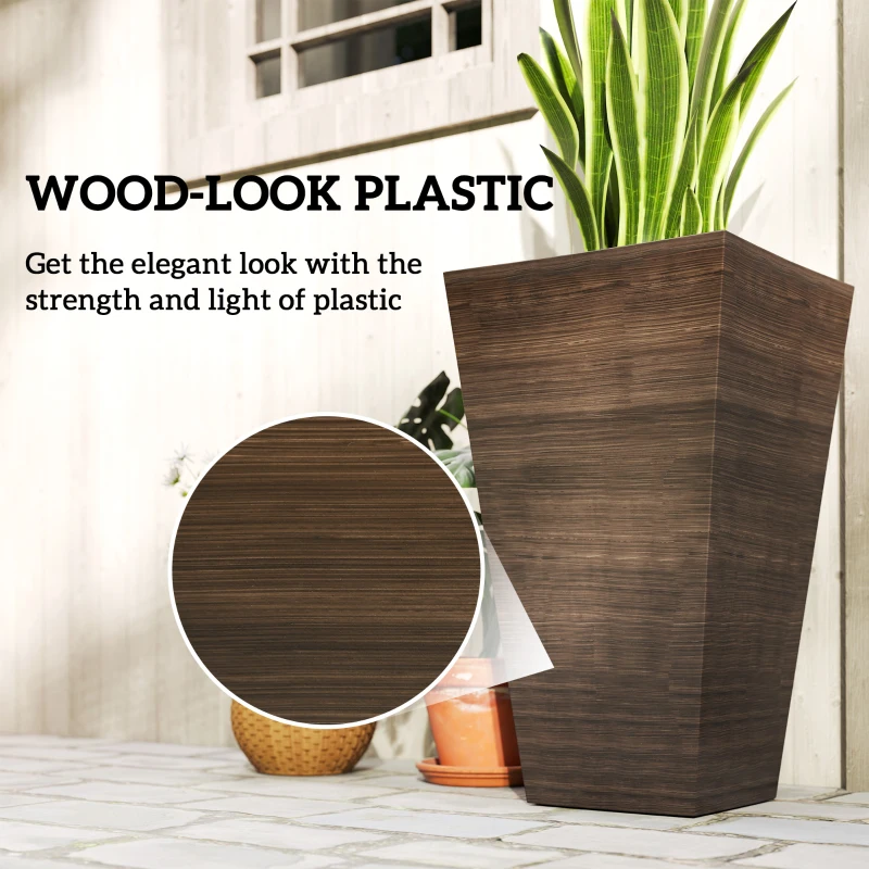 Outsunny Tall Planter for Outdoor Plants Set of 3, 28 Inch Taper Planter with Drainage Holes, Brown