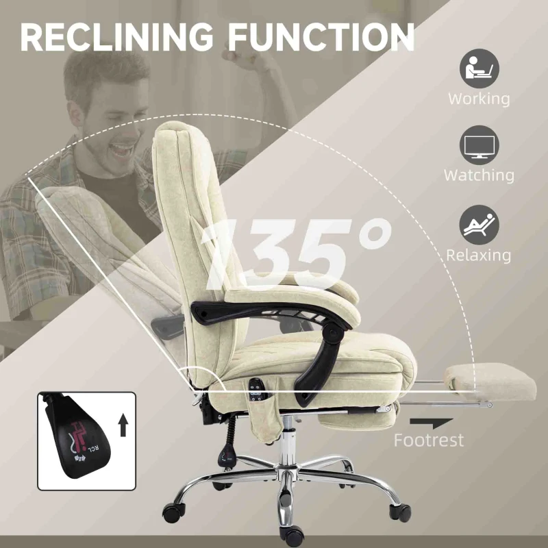 Vinsetto Massage Office Chair, Reclining Computer Chair with Adjustable Height and Footrest, Beige