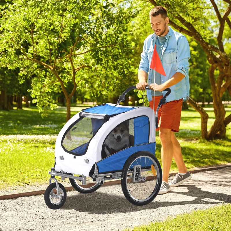 Aosom Dog Bike Trailer, 2 in 1 Pet Stroller Cart Bicycle Carrier, Folding Cart Frame with Suspension, Universal Bicycle Coupler, Reflectors, Flag, Blue