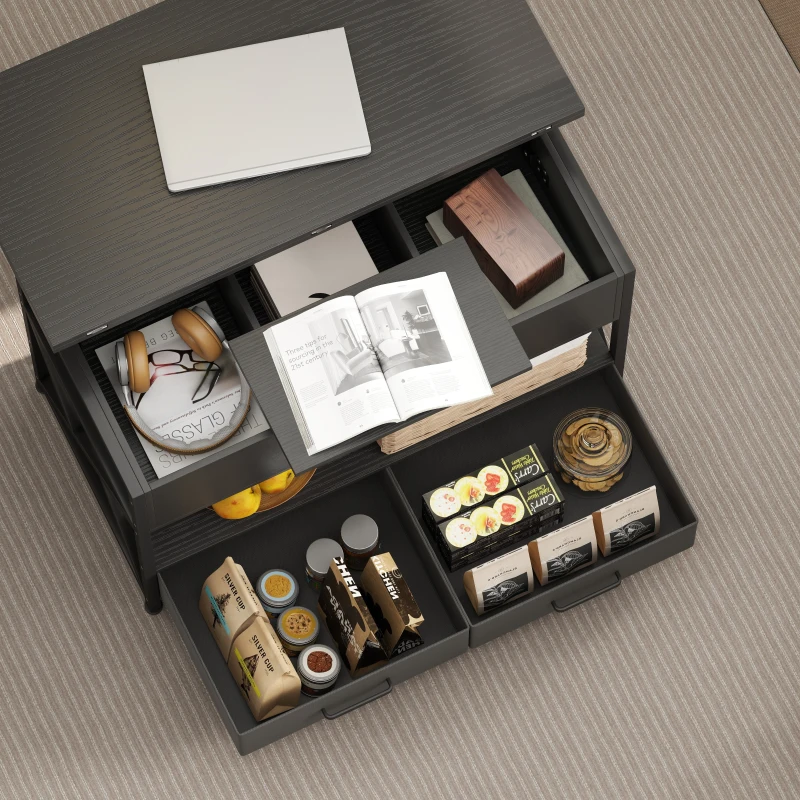 HOMCOM Modern Coffee Table, Lift Top Center Table with Fabric Drawers and Hidden Storage for Living Room, Distressed Black