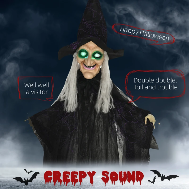 HOMCOM 6' Life Size Black Witch Outdoor Halloween Decoration, Halloween Prop w/ Light Up Eyes
