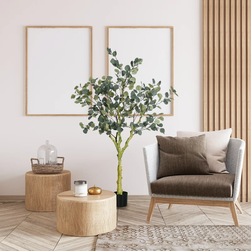HOMCOM 5ft Artificial Tree, Indoor Fake Eucalyptus with White Tender Tips and Pot, for Home, Office, and Living Room Decor