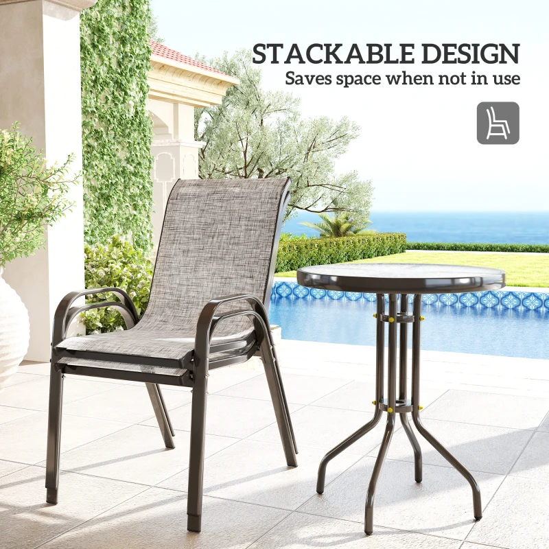 Outsunny 3 Pieces Bistro Set, Small Patio Furniture Set with Stackable Mesh Chairs, Glass Table for Garden, Balcony, Grey