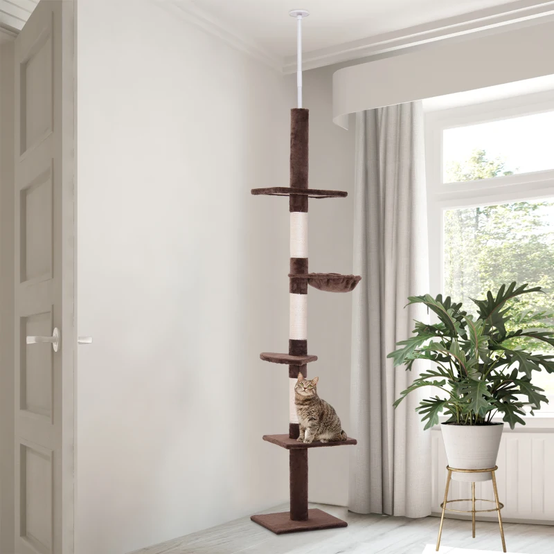 PawHut 102" Adjustable Height Floor to Ceiling Cat Tree, 5 Level Cat Tower with Scratching Posts, Hammock, Brown