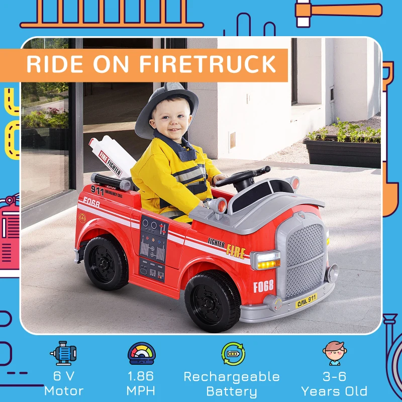 Aosom Kids Ride-On Car Fire Truck, 6V 7AH Battery Powered Fire Car with Parental Remote Control, Safety Belt, Lighting, Working Steering Wheels, Horn and Lift Ladder (Red)