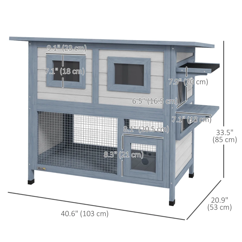 PawHut 2 Tier Outdoor Cat House with Escape Door, Jump platform, for 1-2 Cats, Light Grey