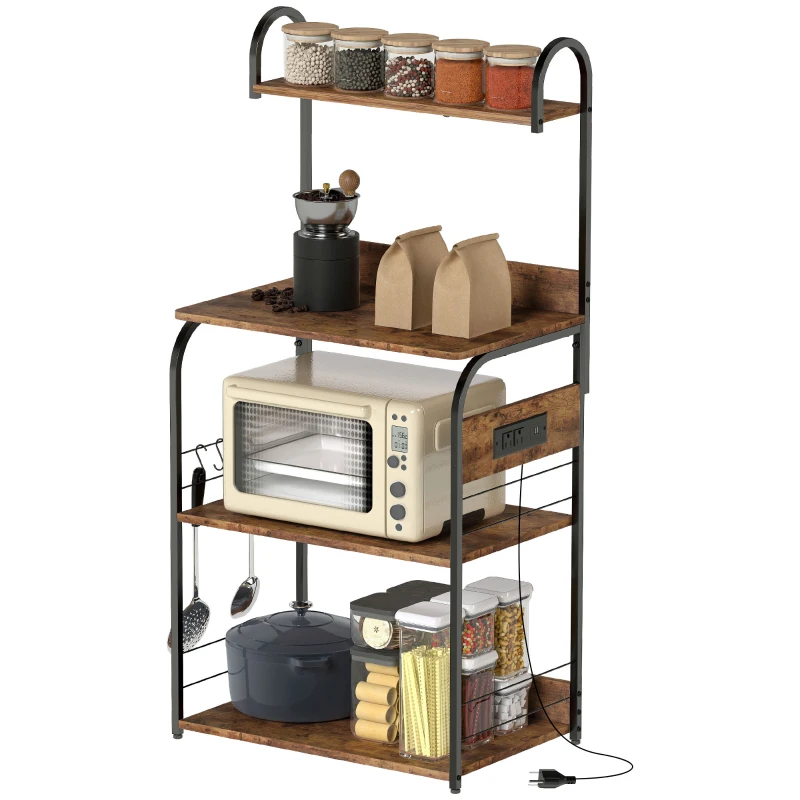 HOMCOM Baker's Rack with Charing Station, Microwave Shelf with Power Outlet, USB Charger and 4 Hooks, Rustic Brown