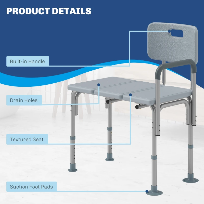 HOMCOM 6-Level Adjustable Bath and Shower Transfer Bench Aluminum Chair with Non-Slip Feet, Armrest & Backrest Grey