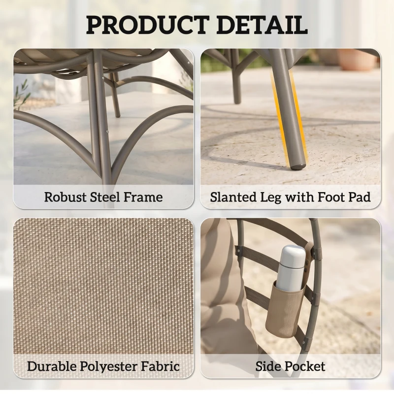 Outsunny Egg Chair, Patio Lounge Chair, Foldable Basket Chair with Large Seat Cushion, Side Pocket, Sand