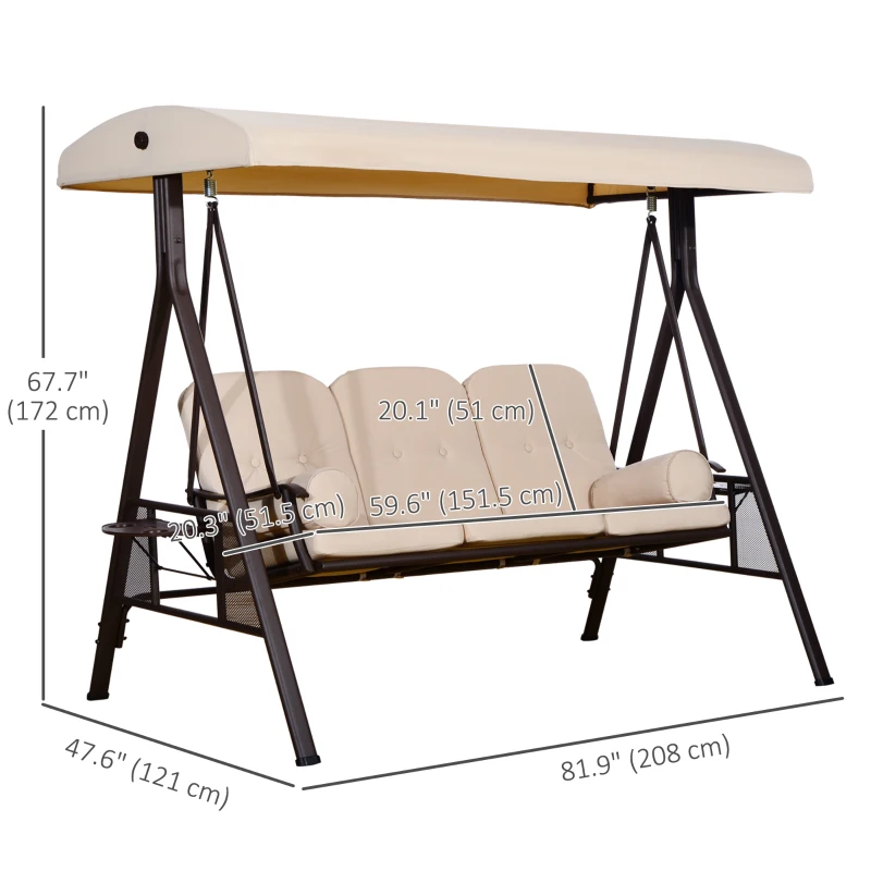 Outsunny 3 Seater Heavy Duty Swing Chair Outdoor Lounge Hammock Cushioned Seat W/ Tilt Canopy, Beige