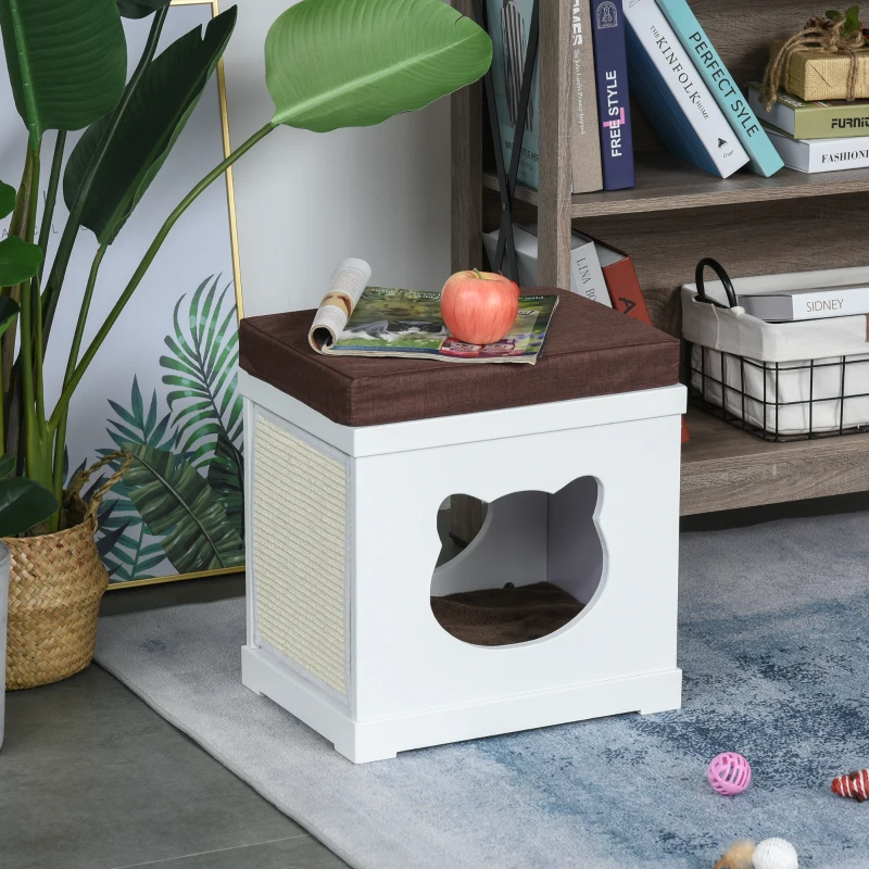 PawHut Wooden Cat Bed Cube House with Soft Padded Cushions, 2 Exterior Scratching Boards, & Interior Space, White