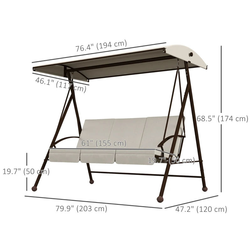Outsunny 3-Seat Outdoor Porch Swing Patio Swing with Adjustable Canopy, Removable Seat and Back Cushion for Garden, Poolside